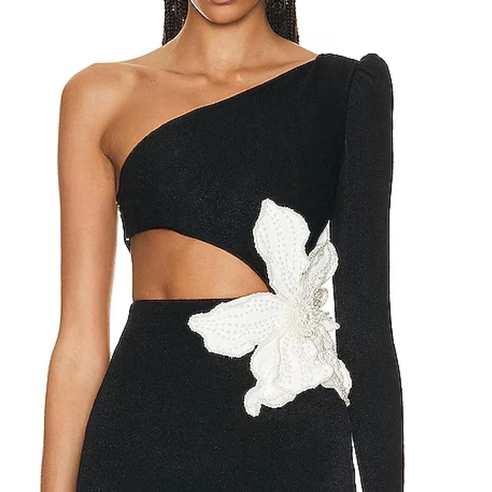 One-shoulder cutout dress with floral applique, statement evening wear
