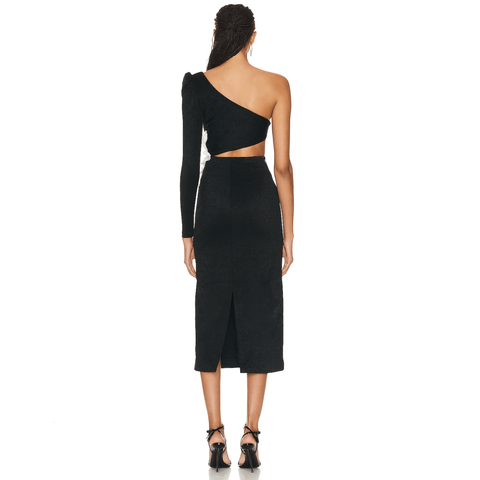 One-shoulder black midi dress with cutout waist and long sleeve, elegant evening wear.