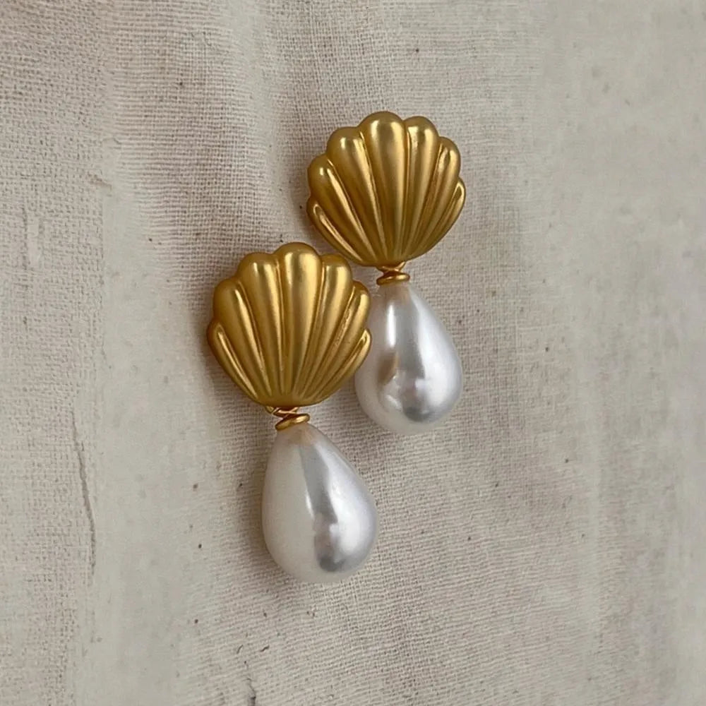 Frosted Shell Pearl Dangle Earrings Mermaid Way