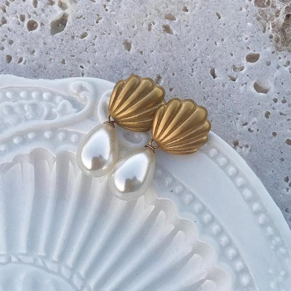 Frosted Shell Pearl Dangle Earrings Mermaid Way