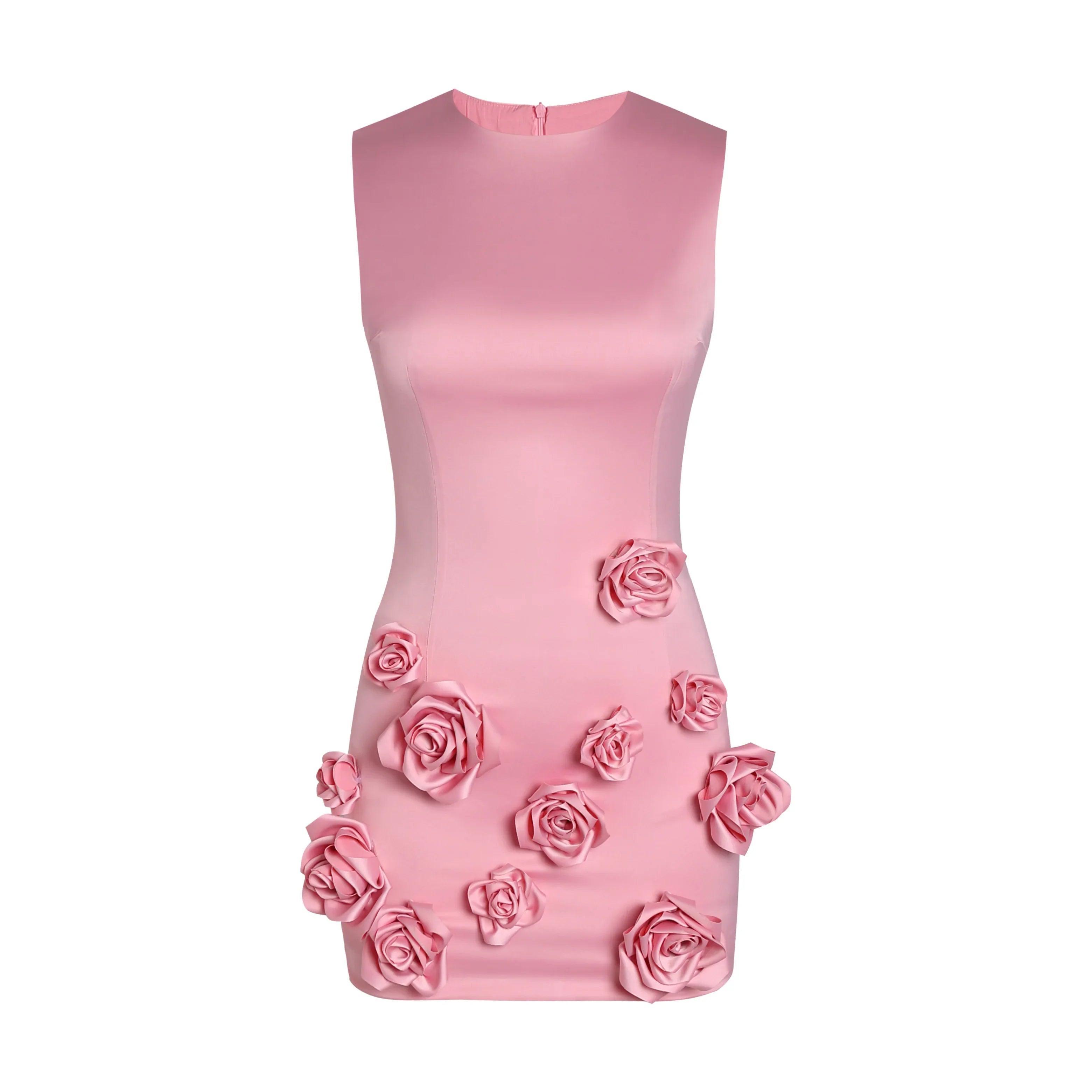 Pink sleeveless mini dress with 3D floral embellishments, party-ready statement piece.