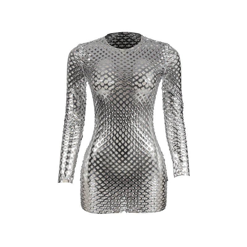 Shimmering long-sleeve mesh mini dress with geometric pattern, party and clubwear style.