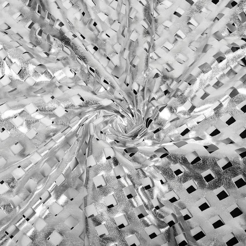 Silver metallic laser-cut fabric, eye-catching textile for partywear or evening dresses