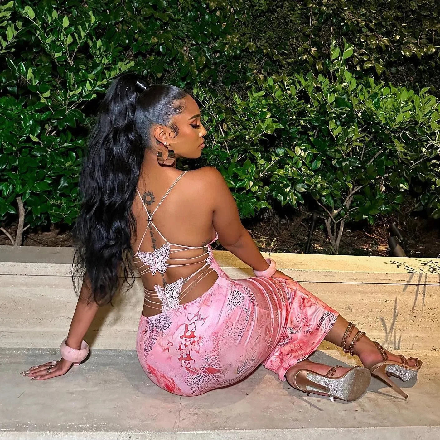 Backless lace-up maxi dress with butterfly detail, party and evening style