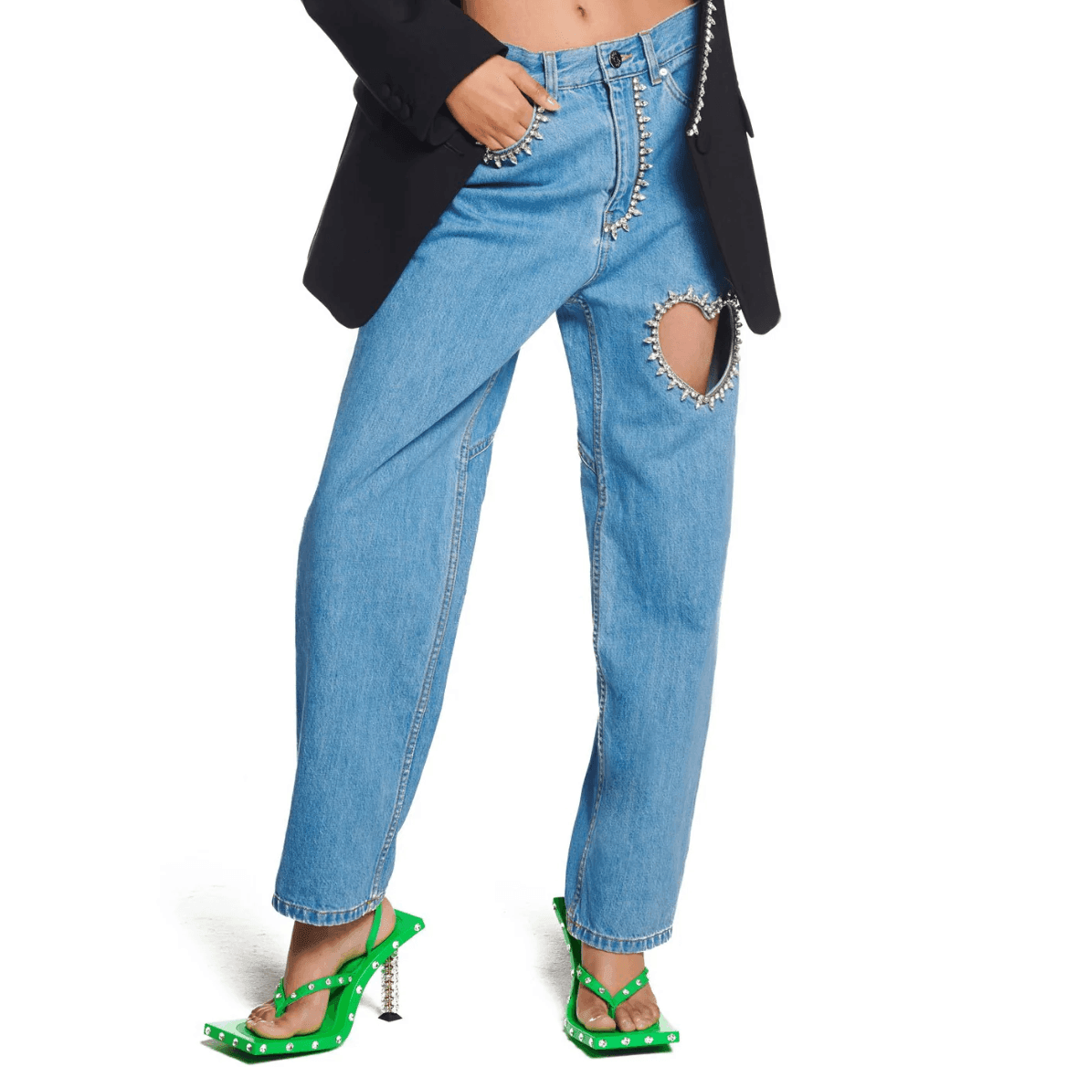 Rhinestone embellished cut-out jeans with high-waisted design, paired with vibrant green studded