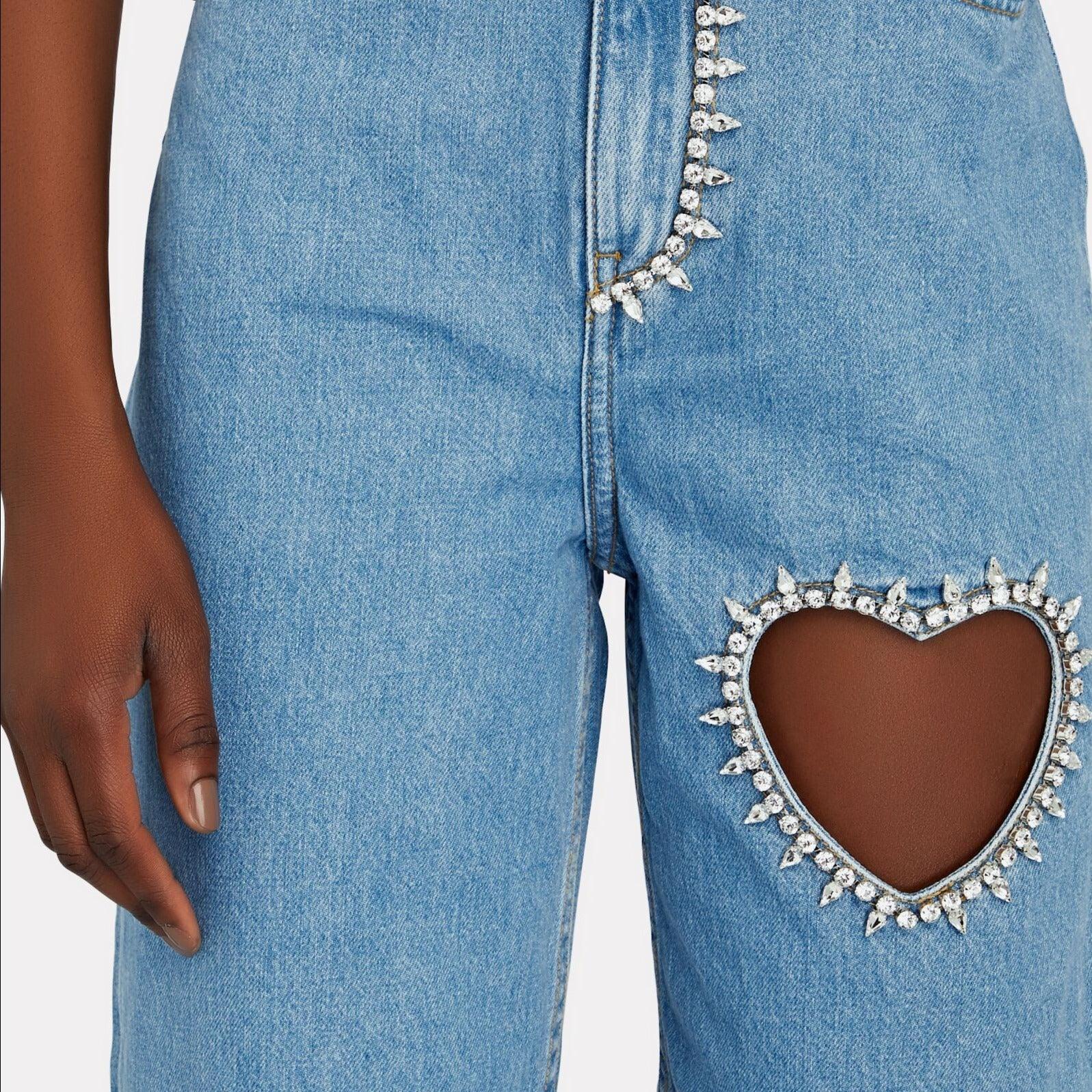 Heart cut-out denim jeans with crystal embellishments, stylish casual wear