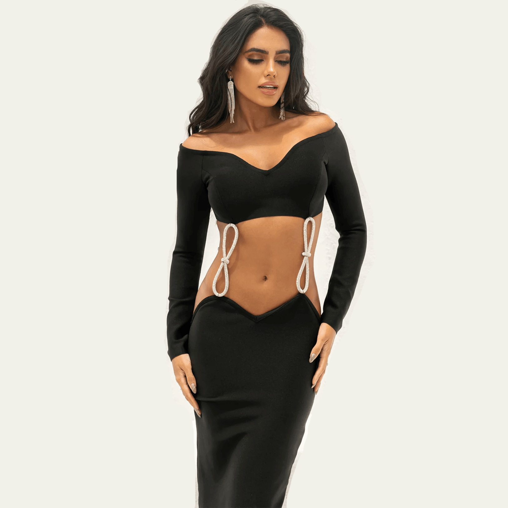 Off-shoulder cutout bodycon dress with rhinestone details, elegant evening wear.