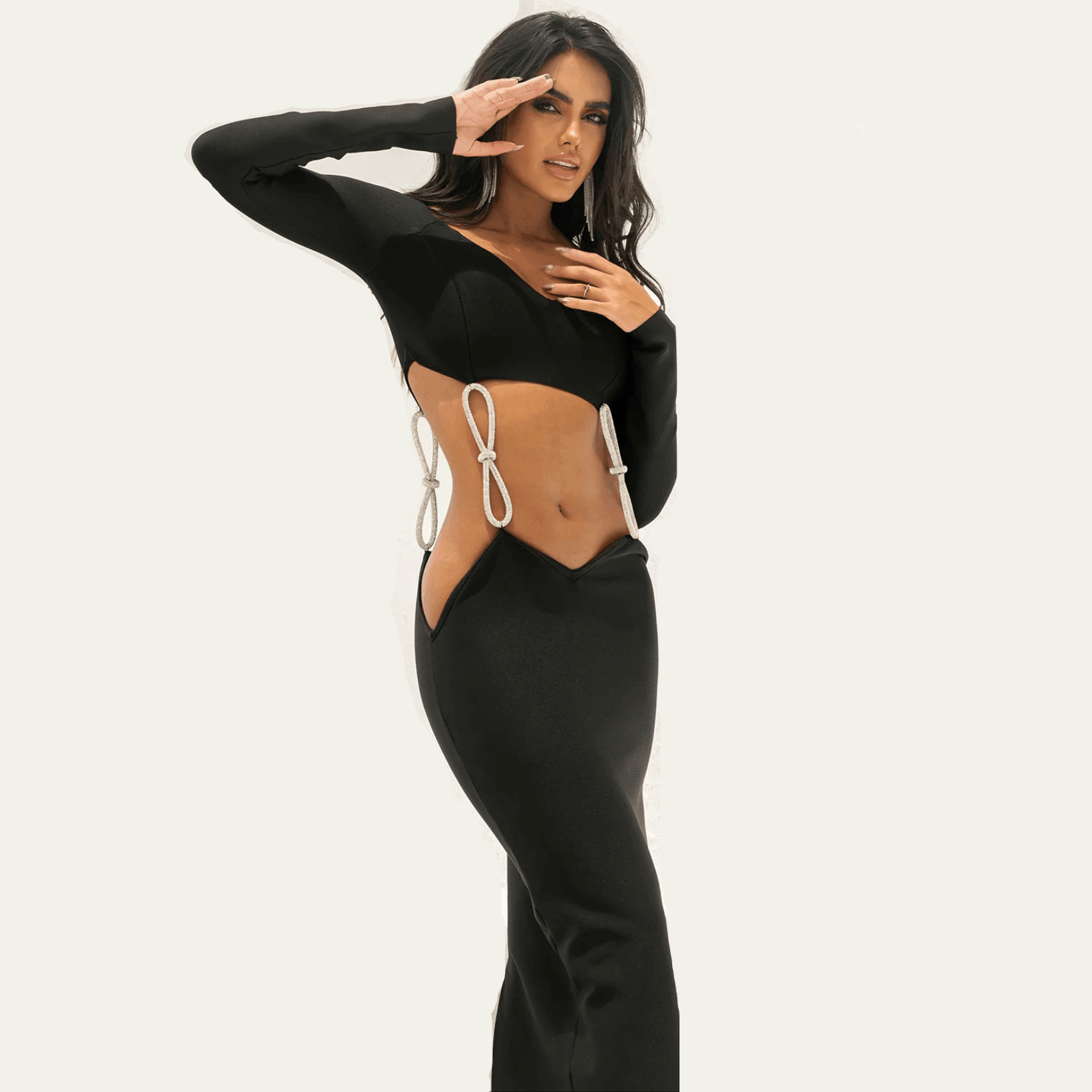 Cut-out long-sleeve maxi dress with side tie detail, bold night-out style