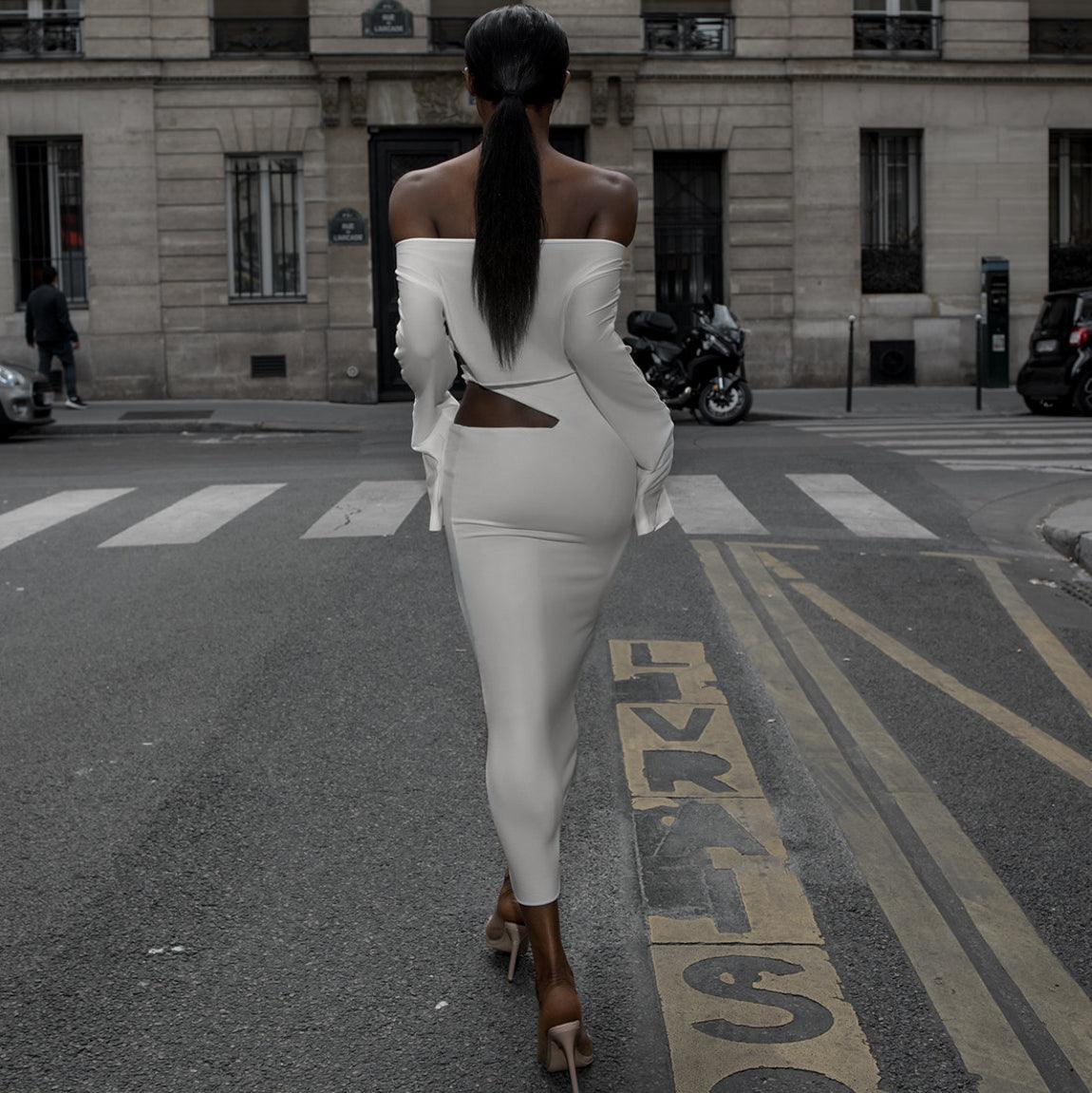 Off-shoulder white bodycon midi dress with back cutout, elegant city chic style