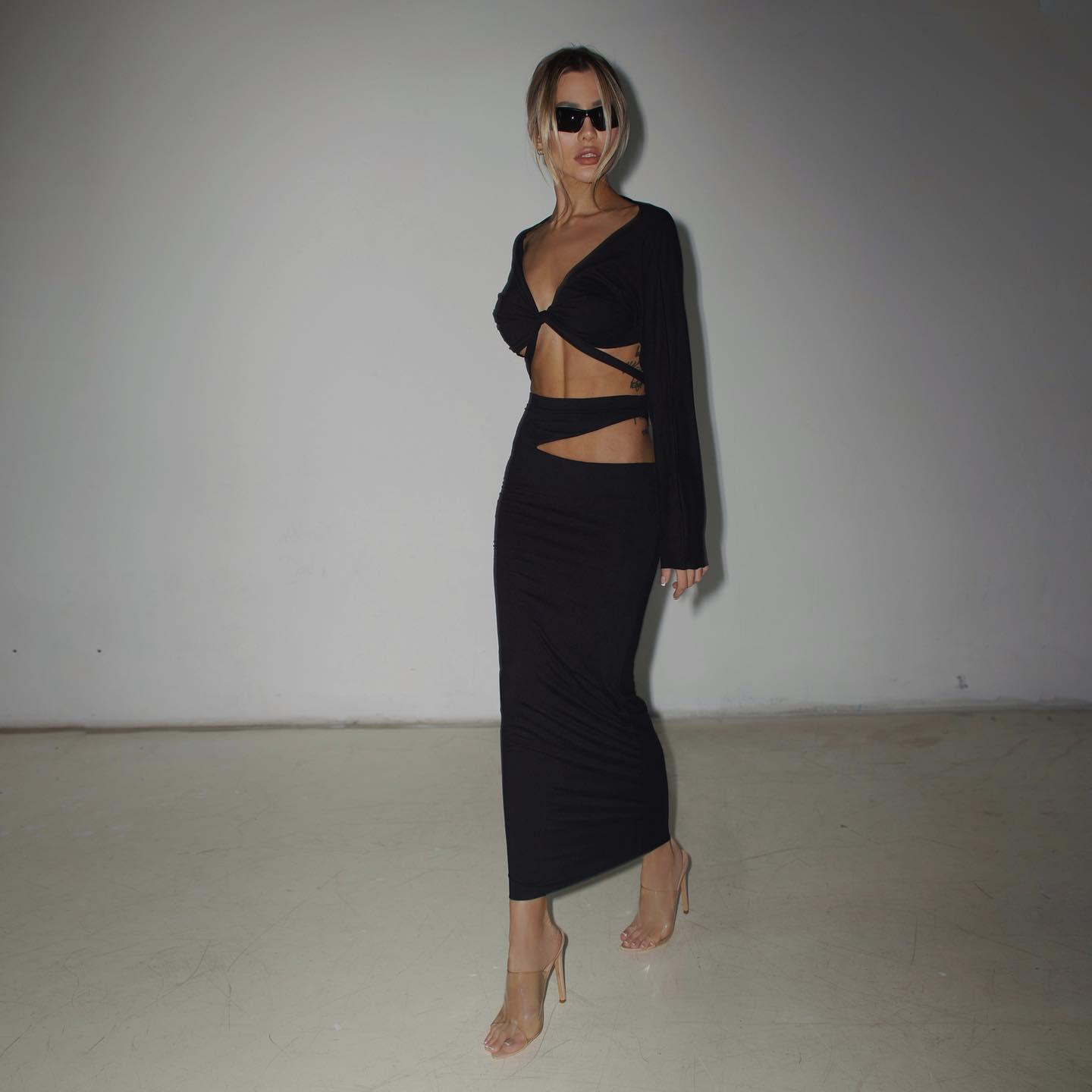 cutout black maxi dress with long sleeves, evening wear