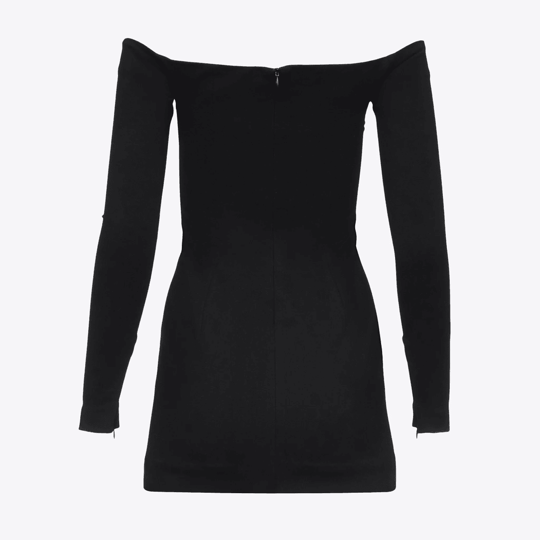 Off-shoulder black bodycon mini dress, evening and party outfit