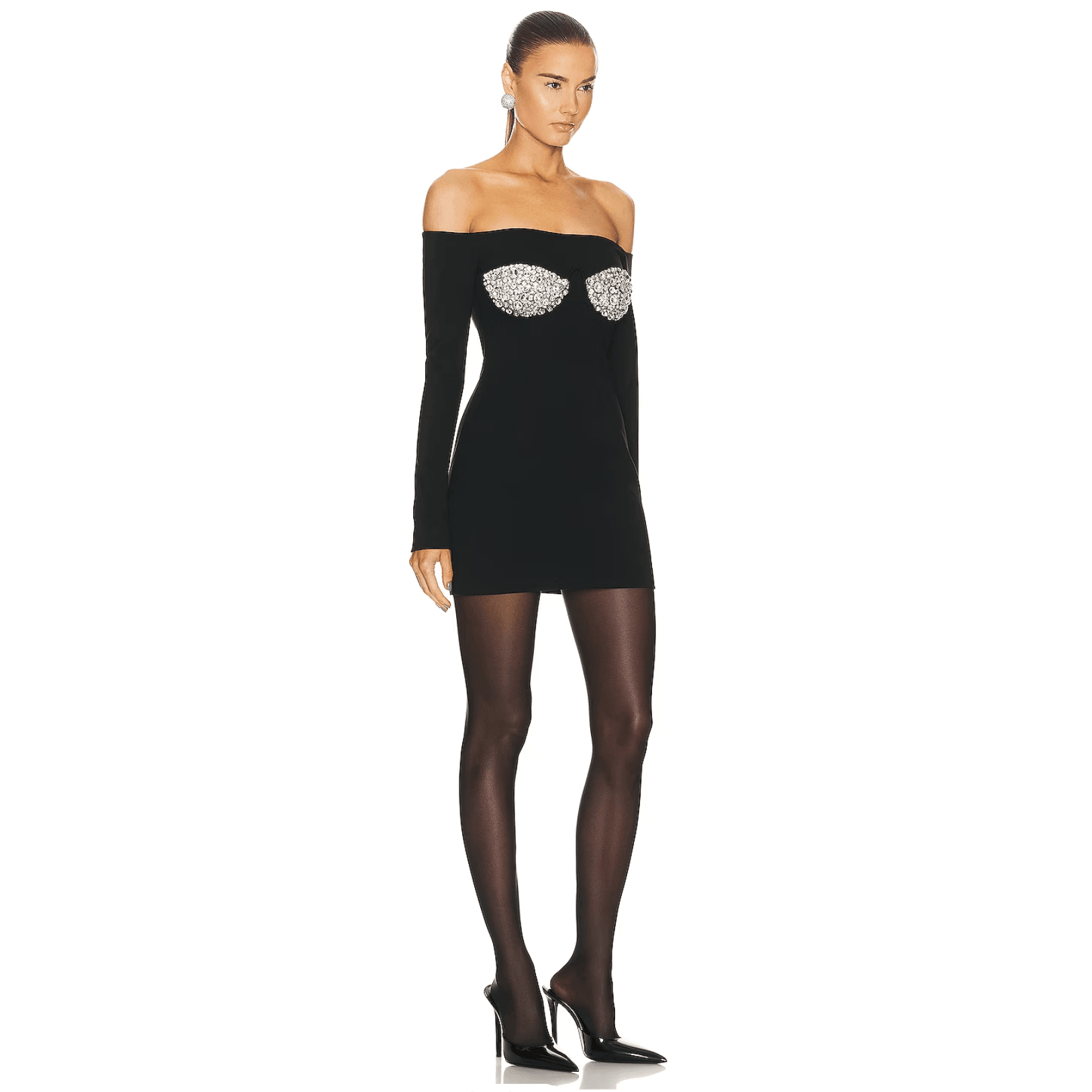 off-shoulder mini dress with embellished bust, evening look