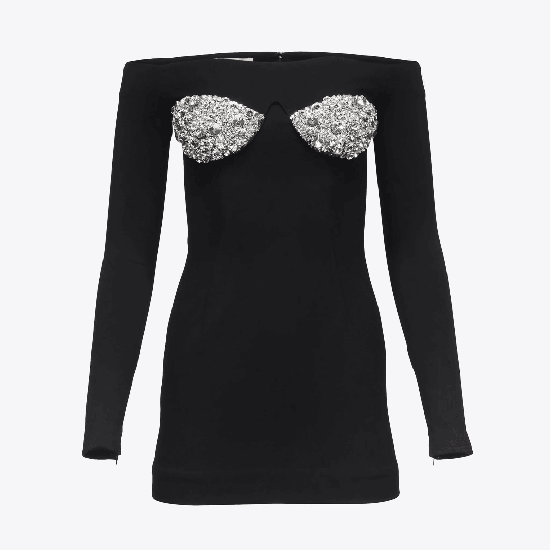 Off-shoulder mini dress with embellished rhinestone bust, party outfit.
