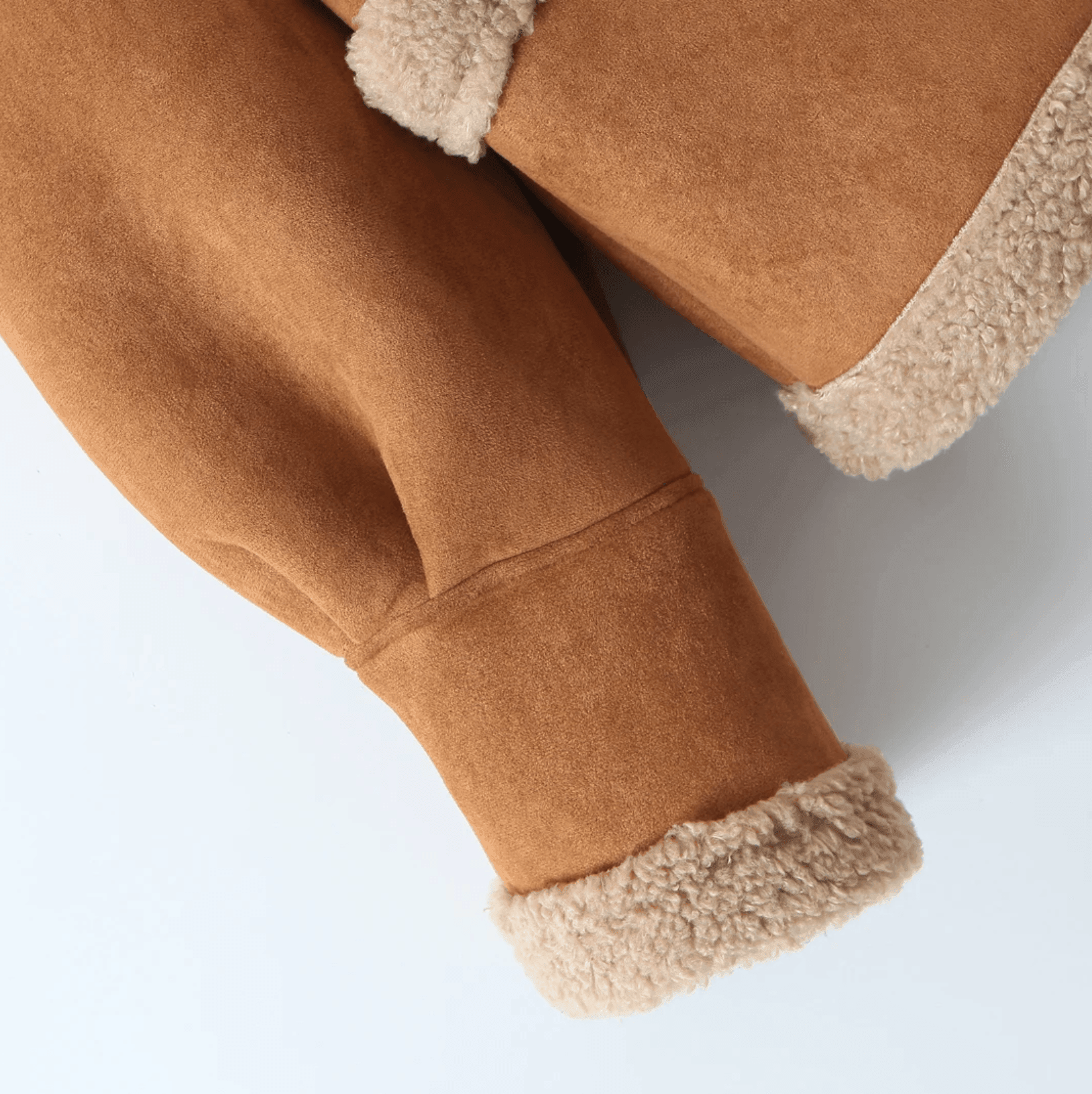 Brown faux suede jacket with faux shearling trim, cozy winter wear