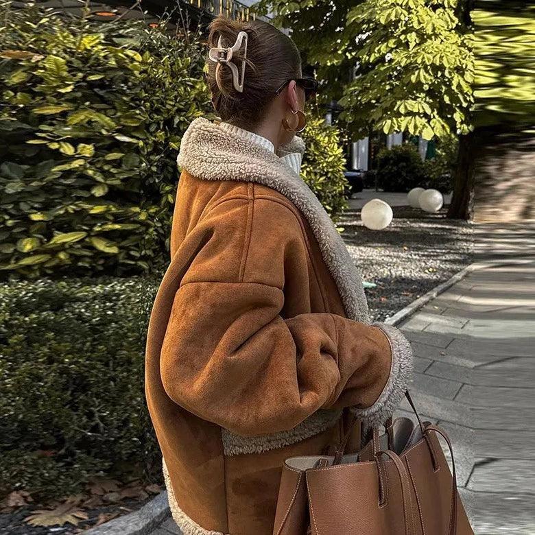faux shearling-lined oversized jacket, casual street style