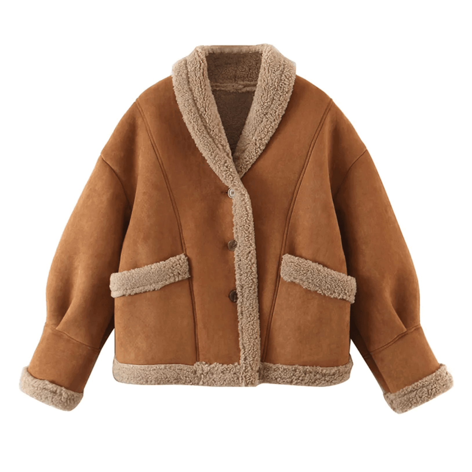 Shearling-lined button-up coat, cozy casual outerwear.