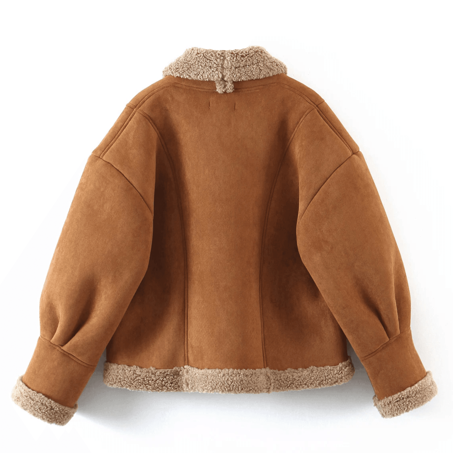 Brown faux shearling jacket with wide sleeves, casual outerwear style