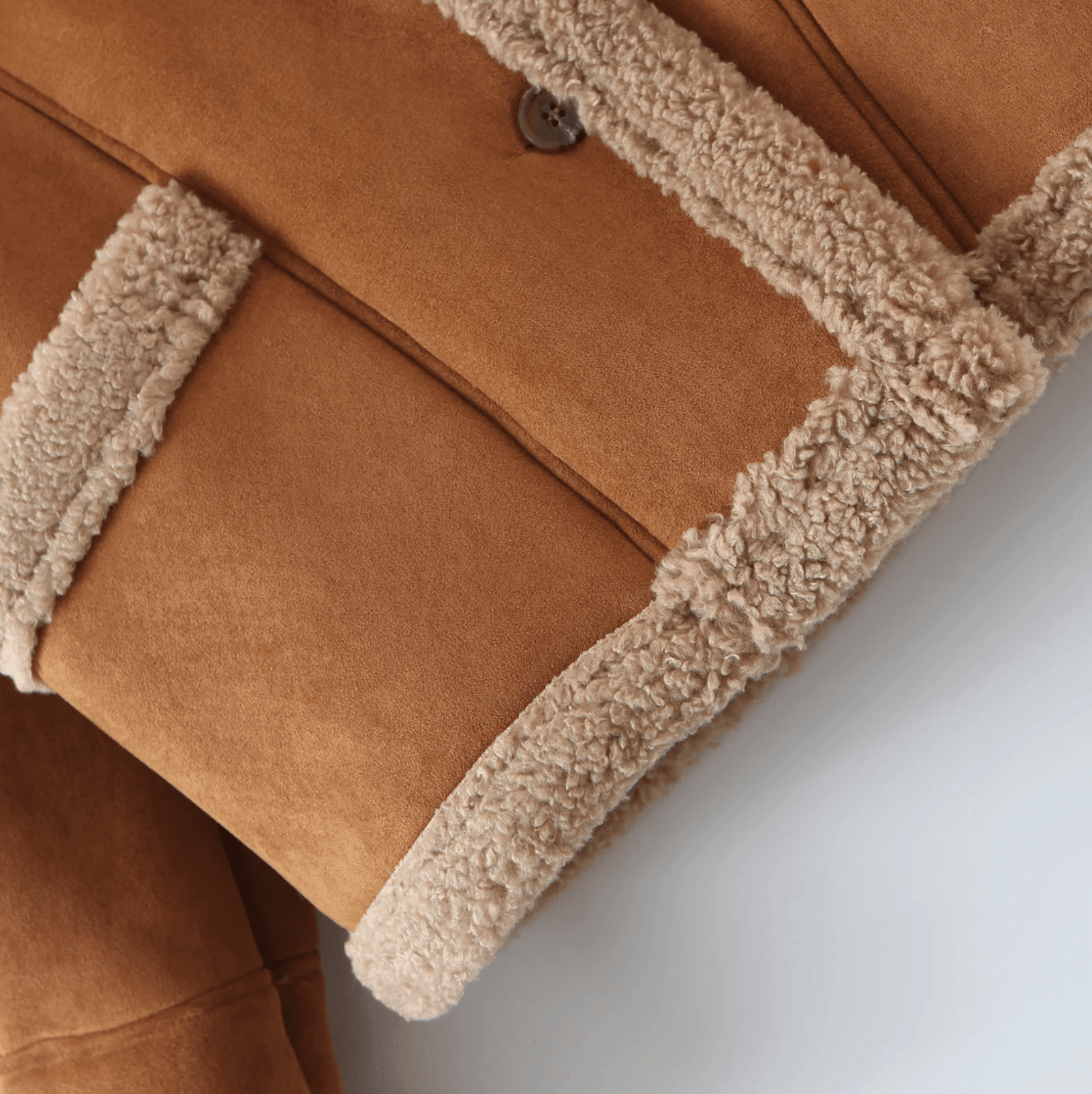 Brown faux shearling-lined coat with button detailing, warm outerwear.
