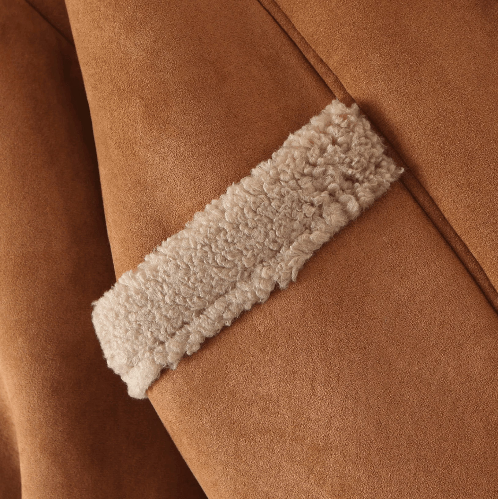 Brown faux shearling-lined coat, cozy winter outerwear.