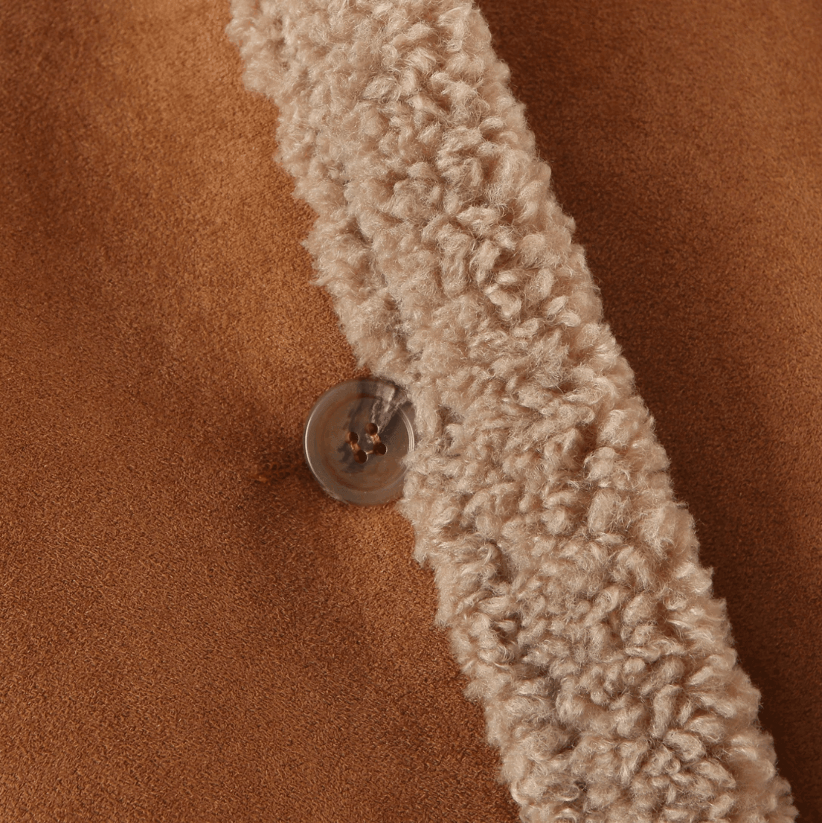 Suede coat with faux shearling trim and button detail, cozy outerwear.