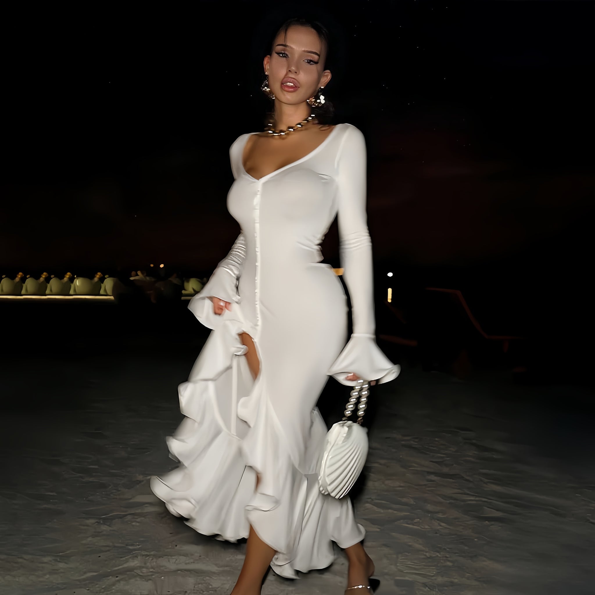 Good Girl White Ruffled Midi Dress