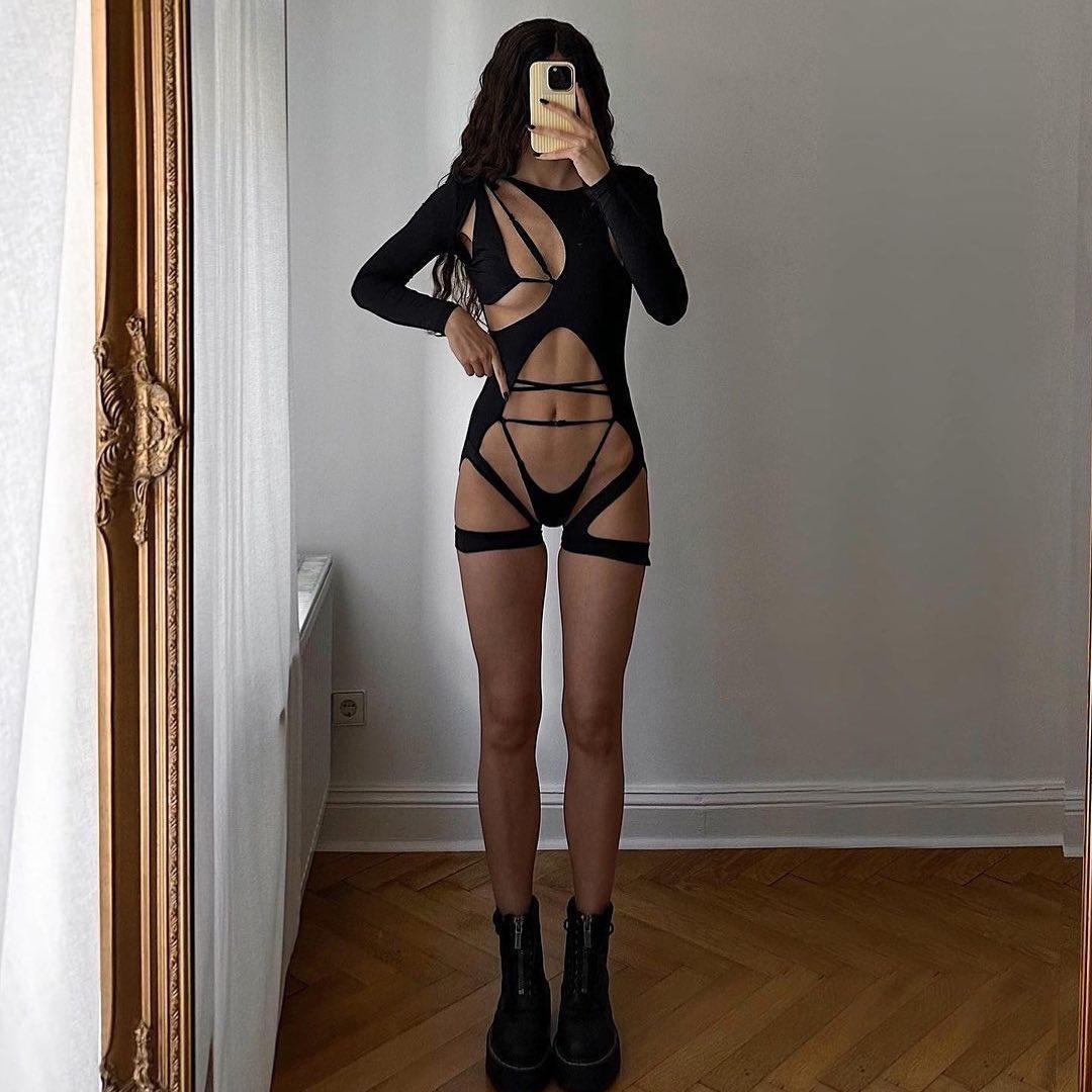 cut-out black bodycon romper, night-out style