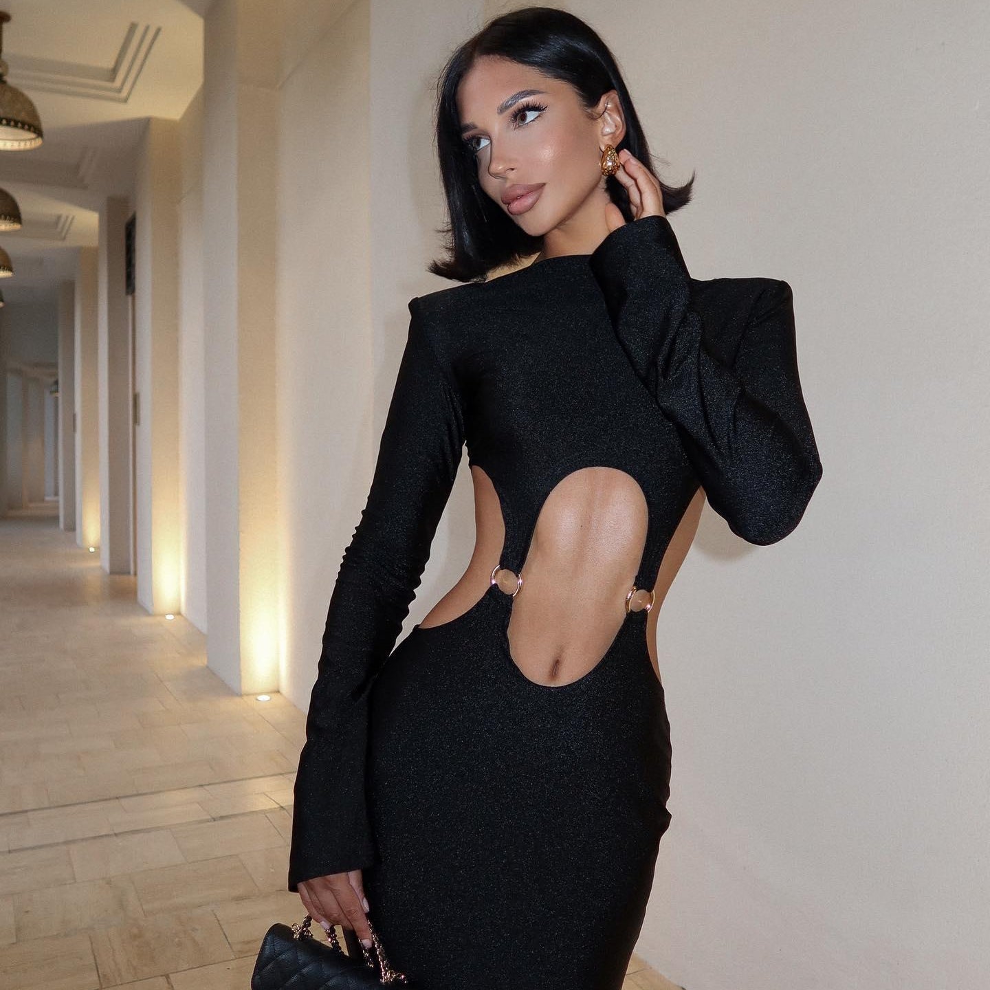 cut-out bodycon dress with long sleeves, evening look