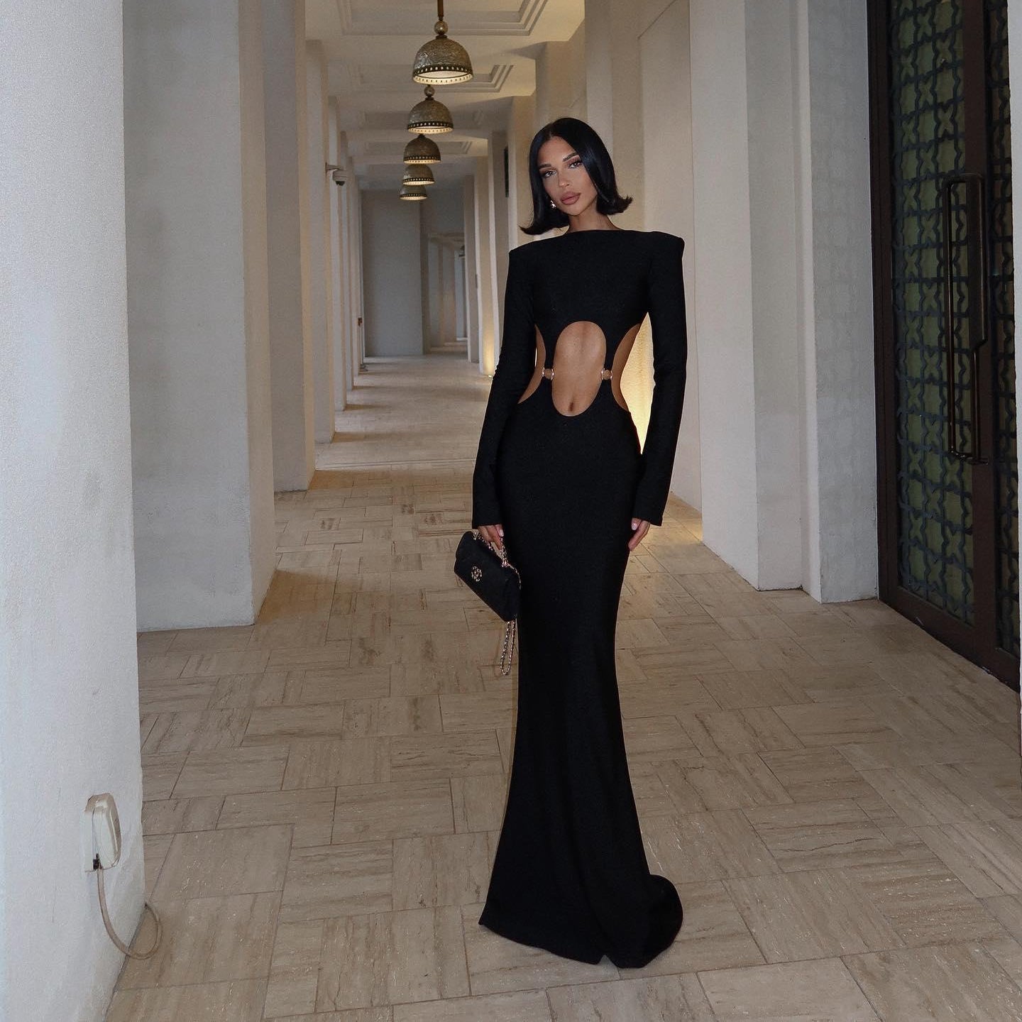 cut-out long-sleeve maxi dress, evening look