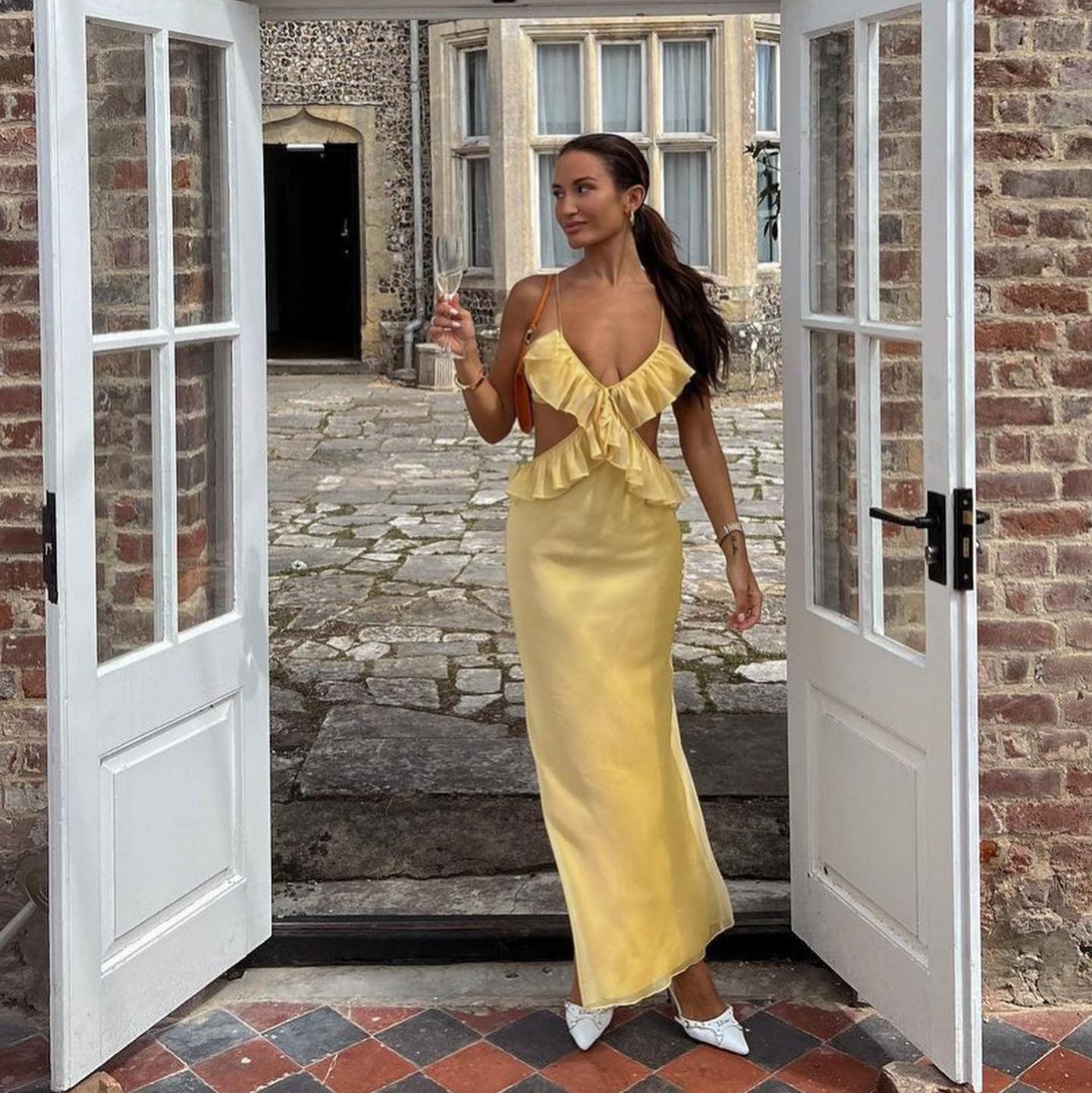 satin cutout maxi dress with ruffle detail, evening look