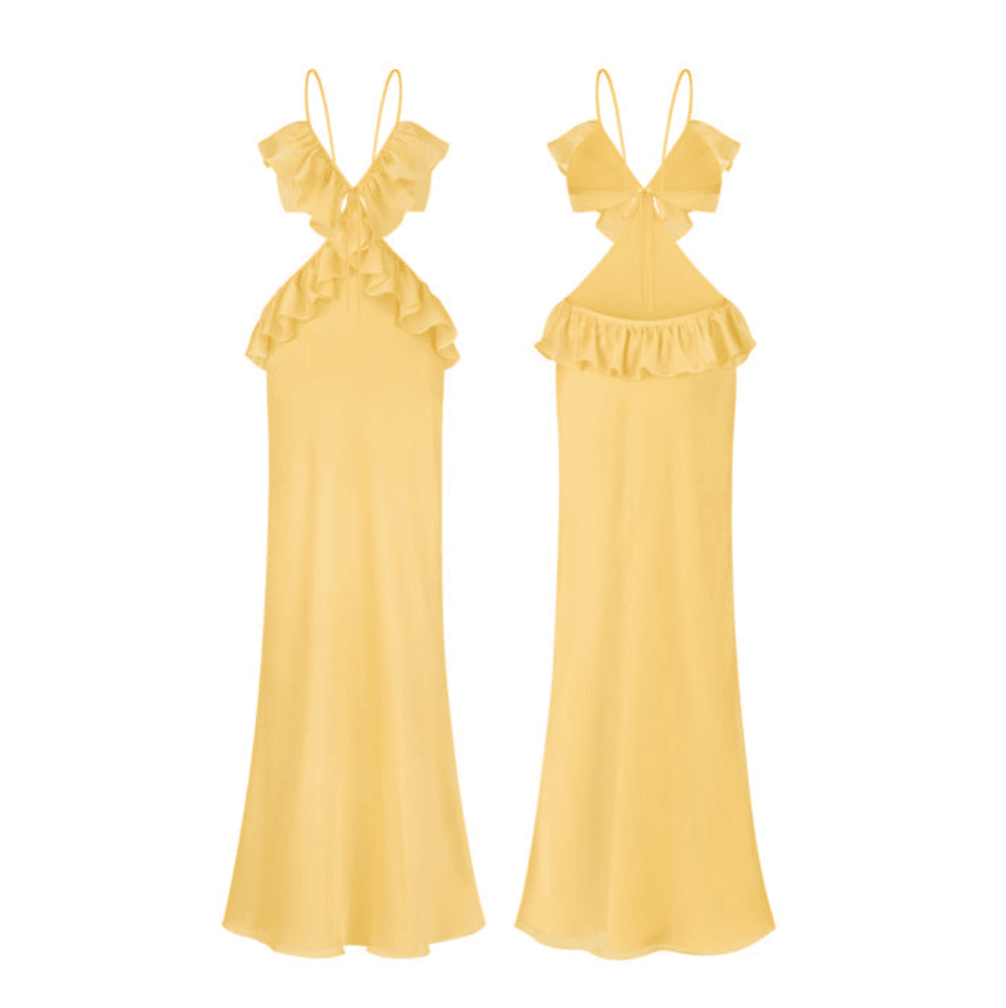 satin maxi dress with ruffle details, evening wear