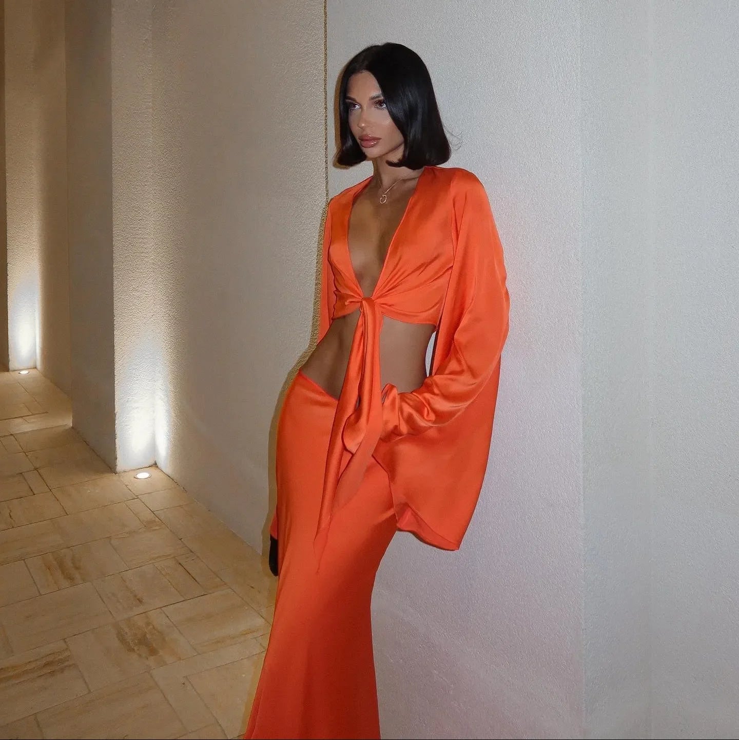 orange satin cut-out maxi dress with front tie, evening wear