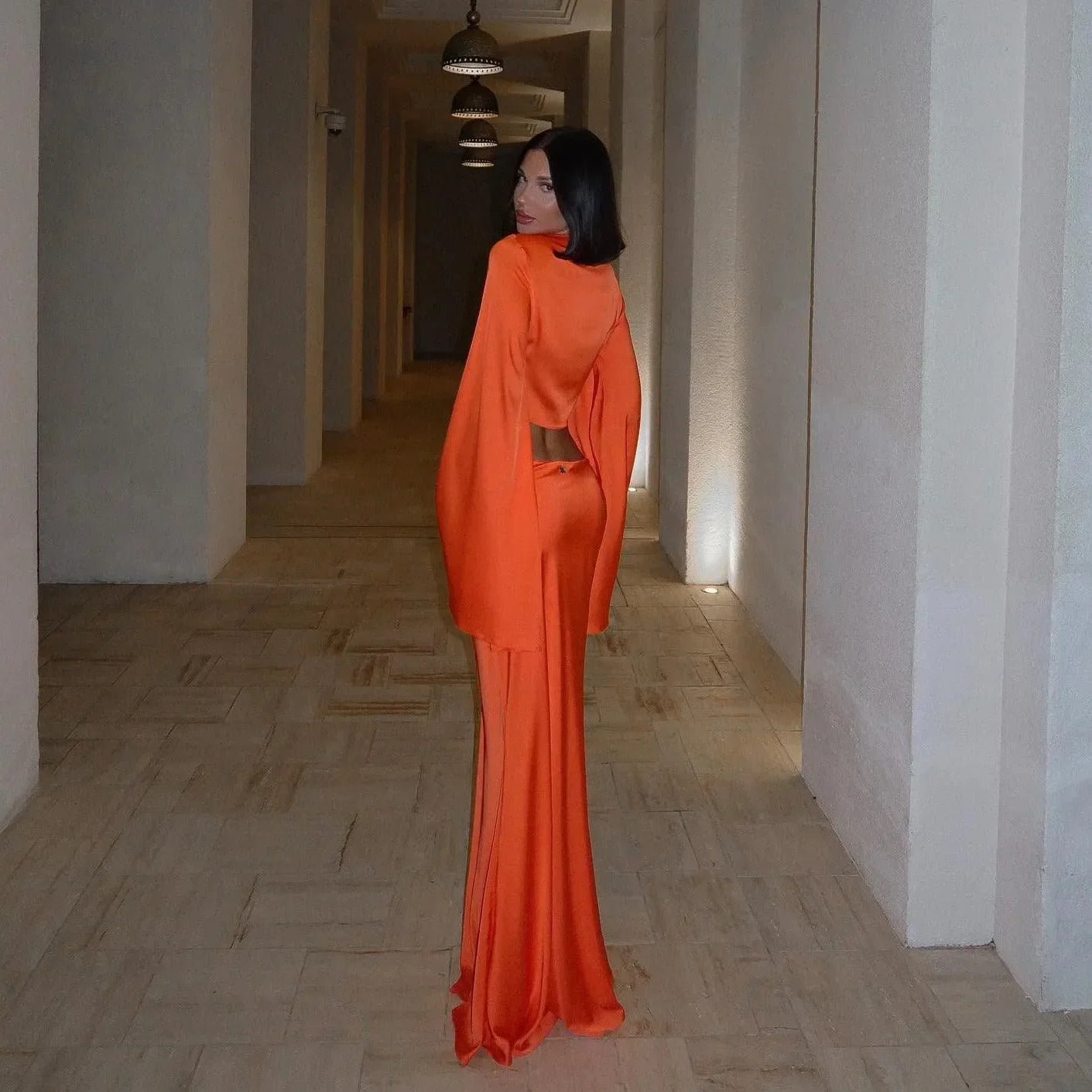 orange satin co-ord set, evening wear