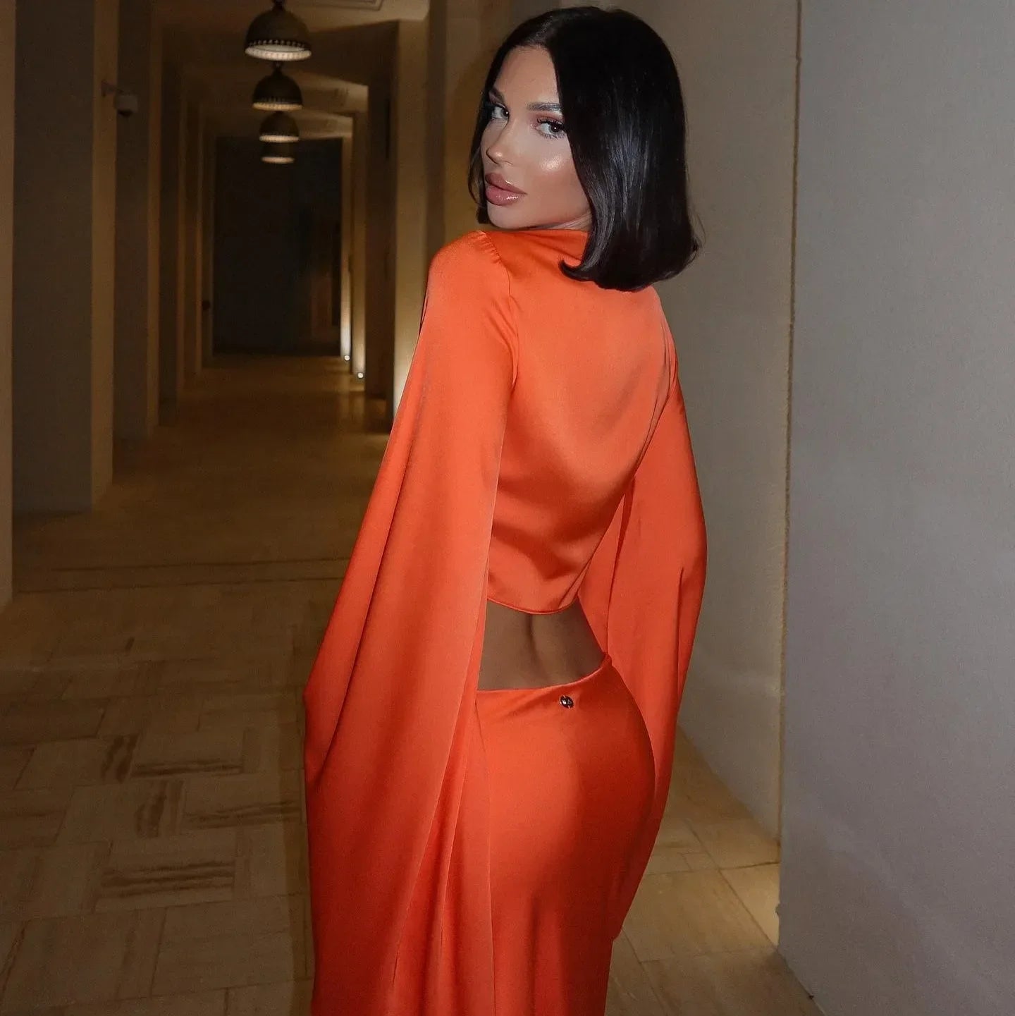 orange satin backless top and skirt set, evening wear