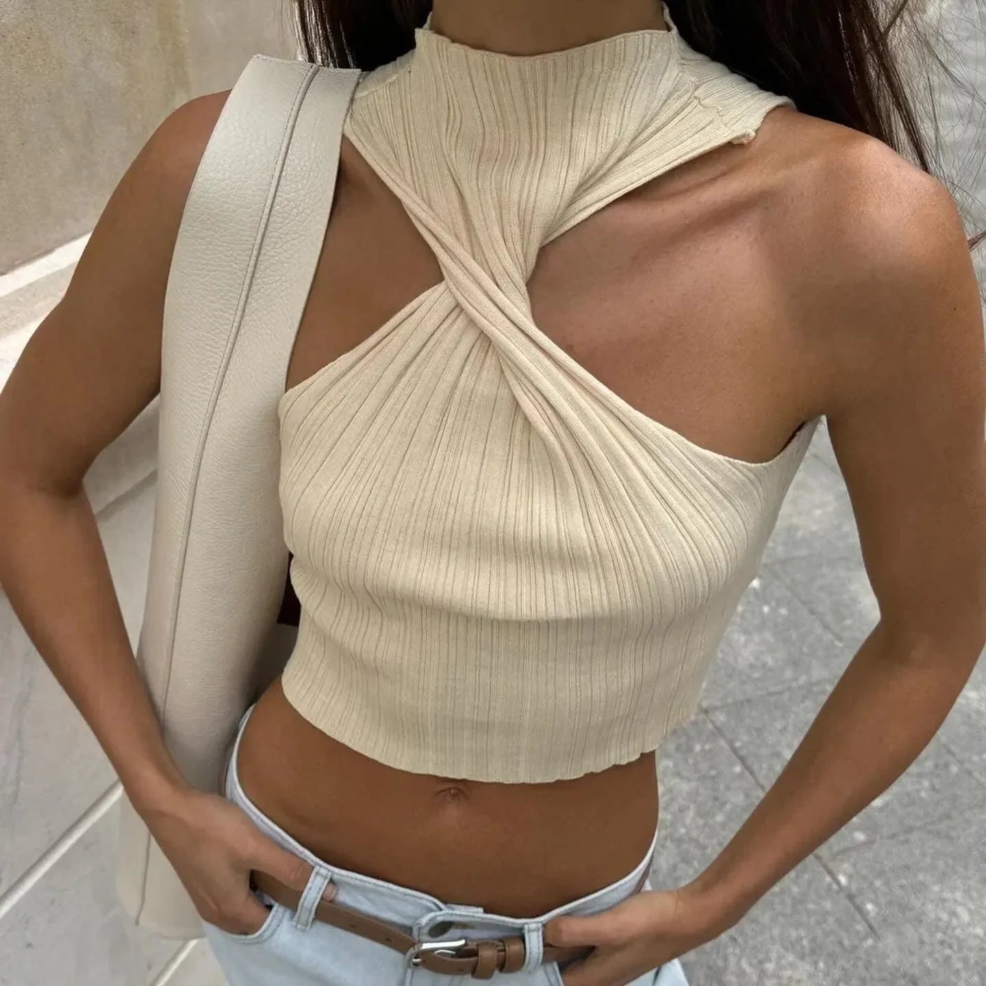 ribbed halter top with twisted neckline, casual outing
