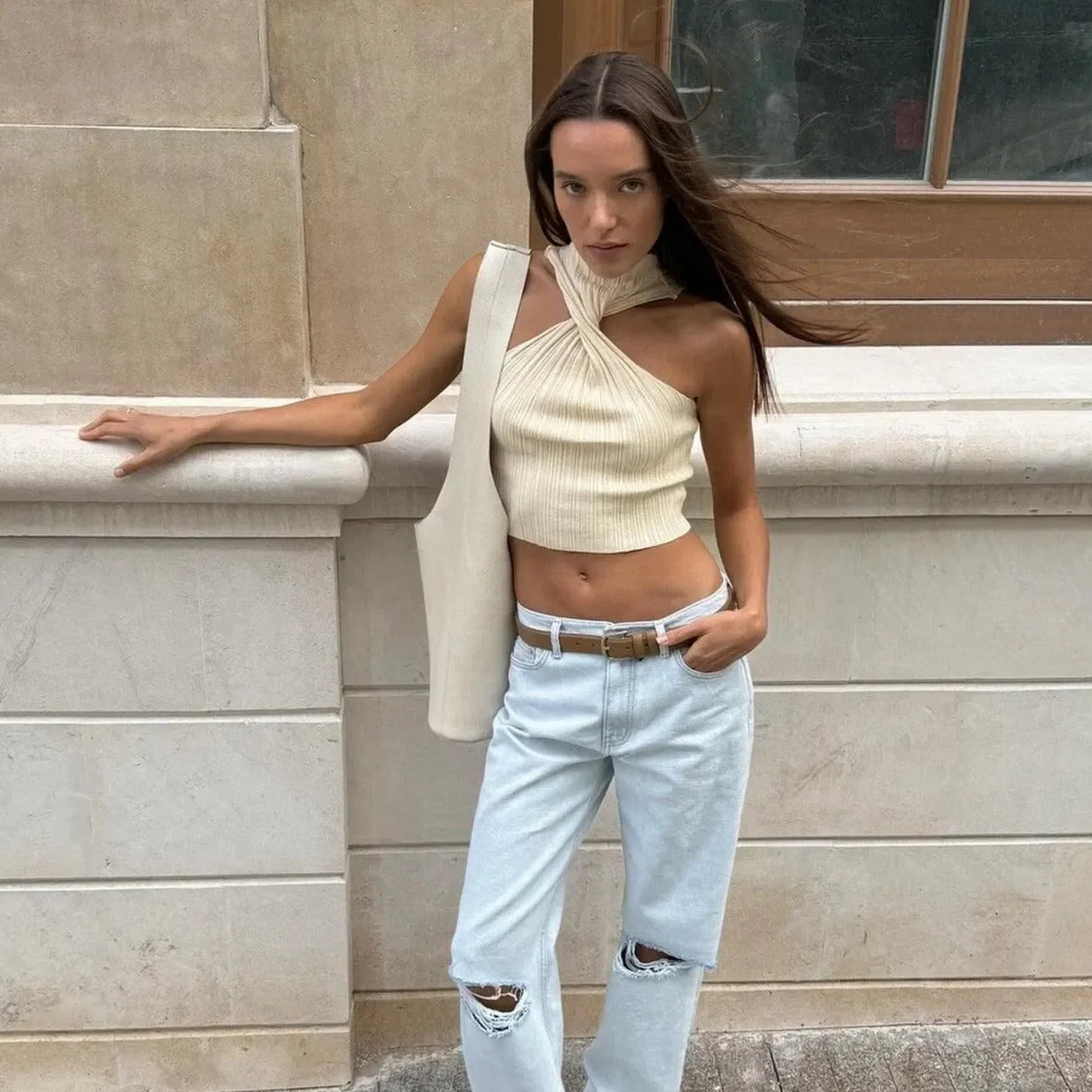 ribbed one-shoulder crop top, casual style