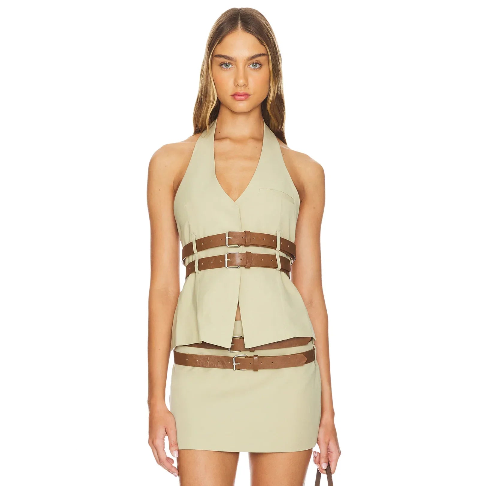 Halter mini dress with buckle accents