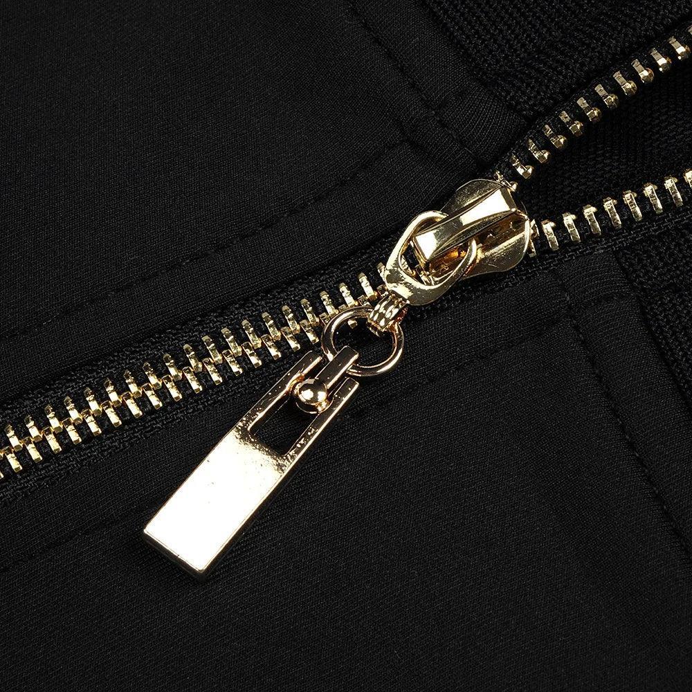 black fabric with gold zipper detail