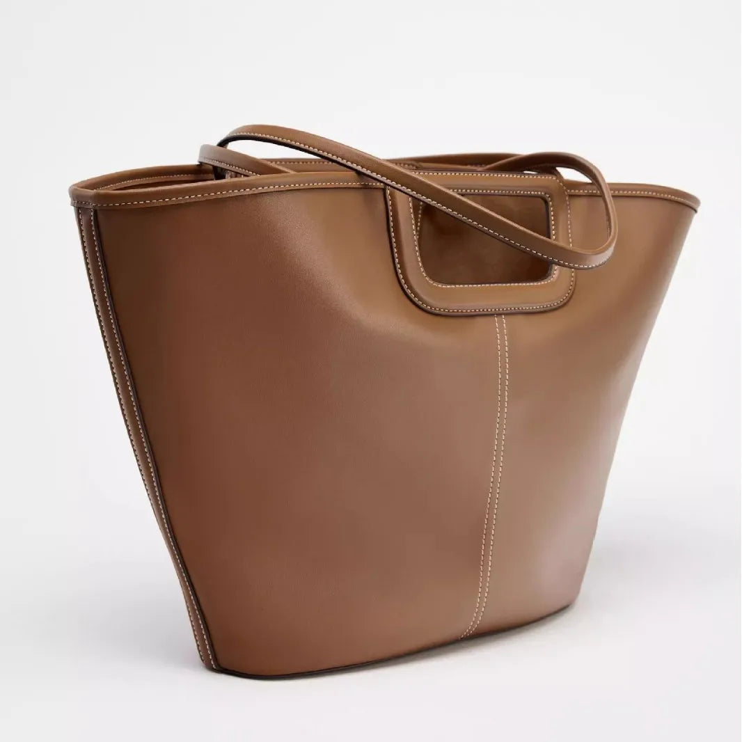 brown leather tote bag with stitch detailing