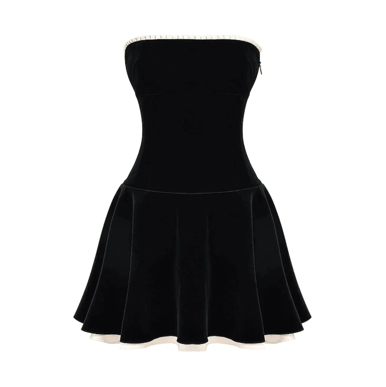 strapless velvet mini dress with pearl trim, party look