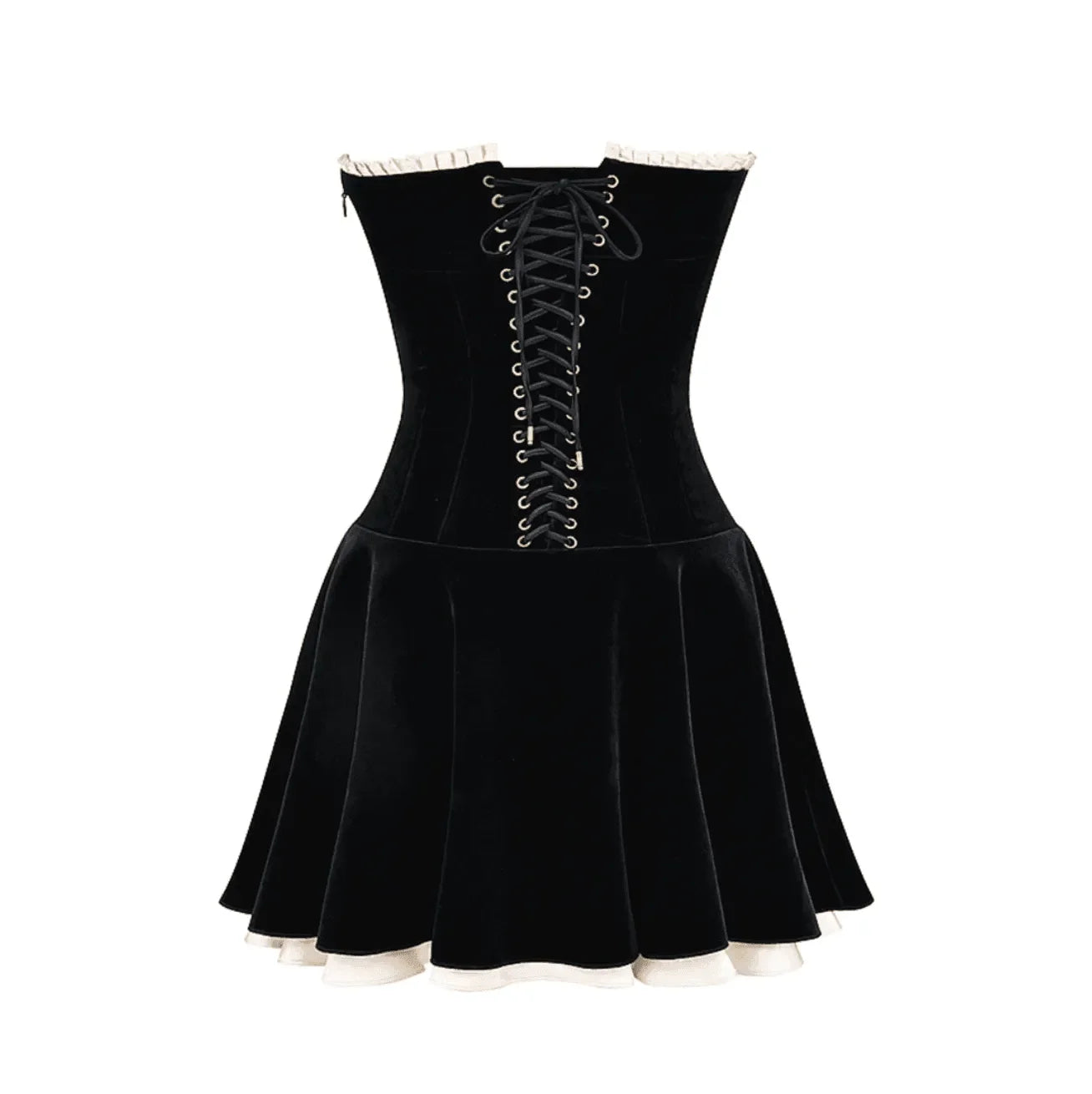 Black velvet corset dress with lace-up back.