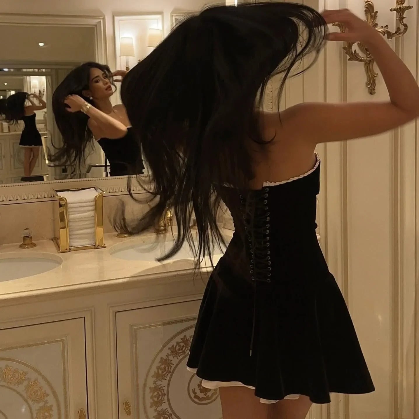 velvet corset mini dress with lace trim, evening look