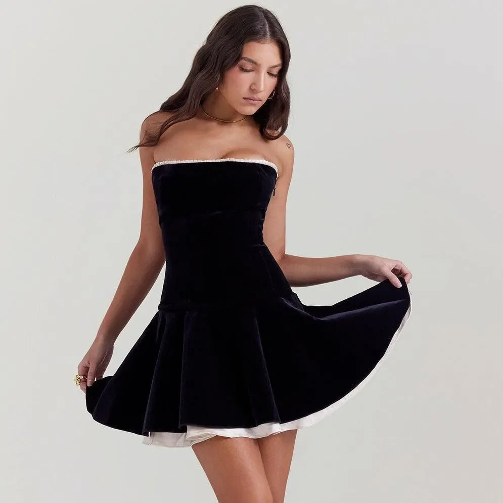 strapless velvet mini dress with flared skirt, evening look