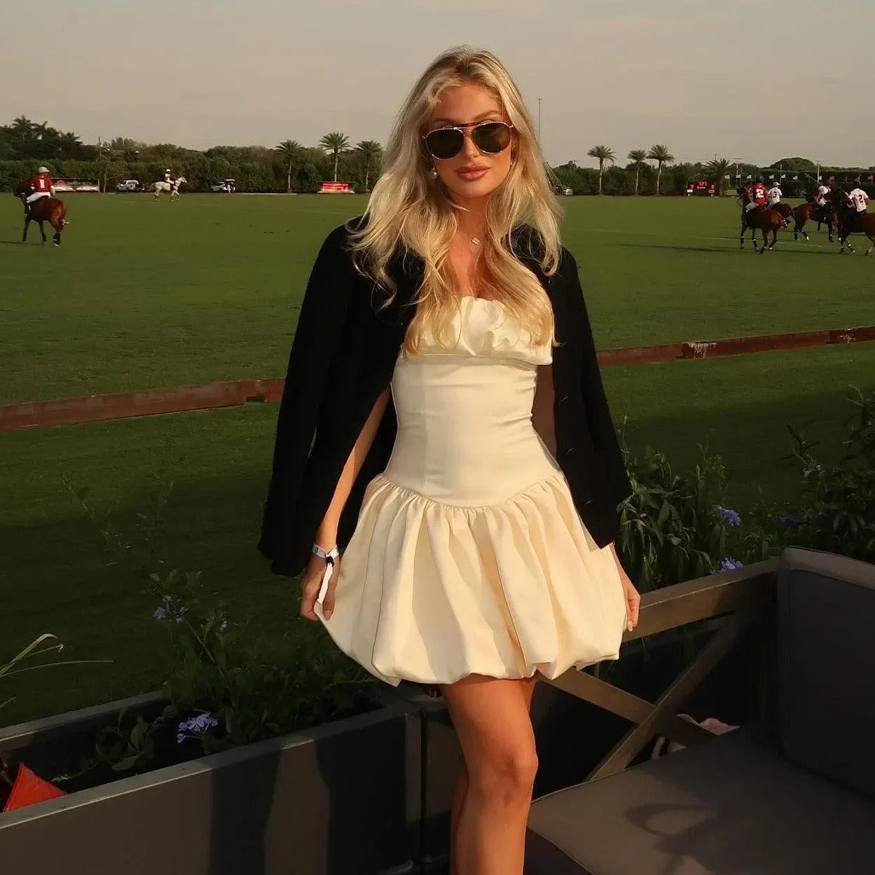strapless mini dress with voluminous skirt, day event outfit