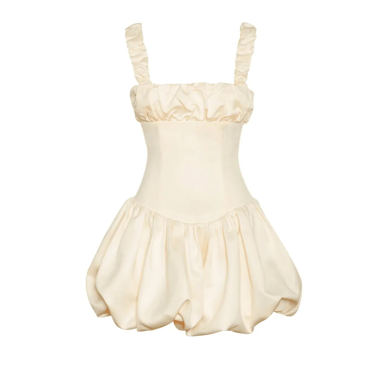 ruched satin mini dress with balloon skirt, party outfit