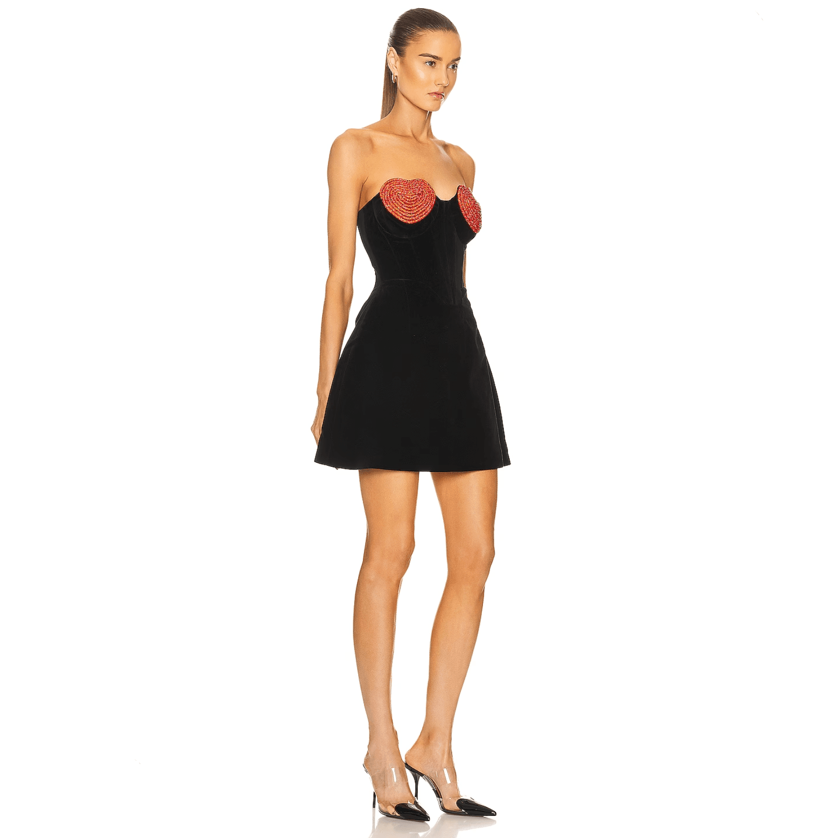 strapless mini dress with embellished heart details, evening look