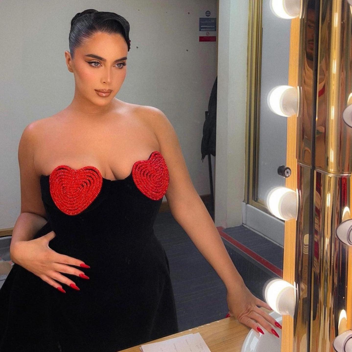 strapless dress with red heart detail, evening look