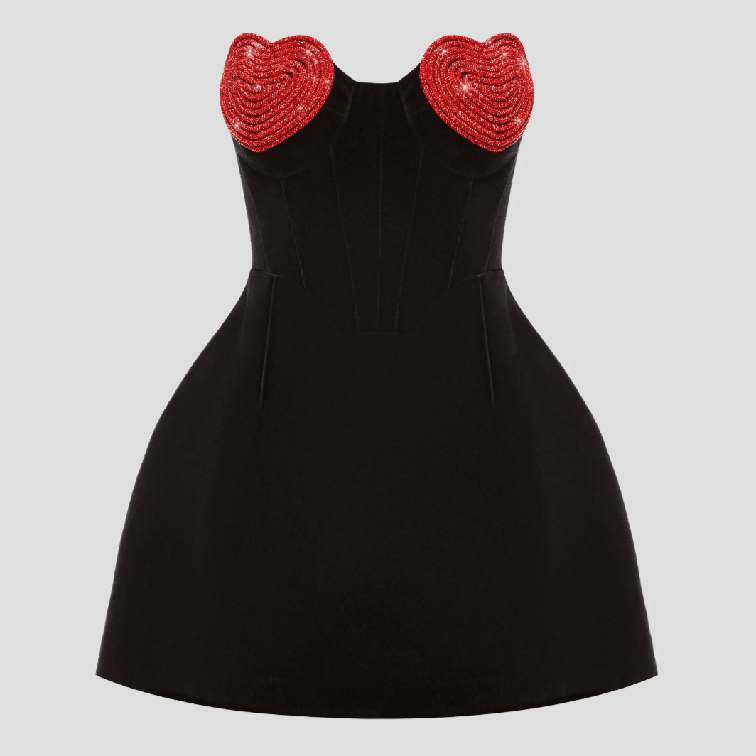 black mini dress with red heart-shaped bust design, party outfit