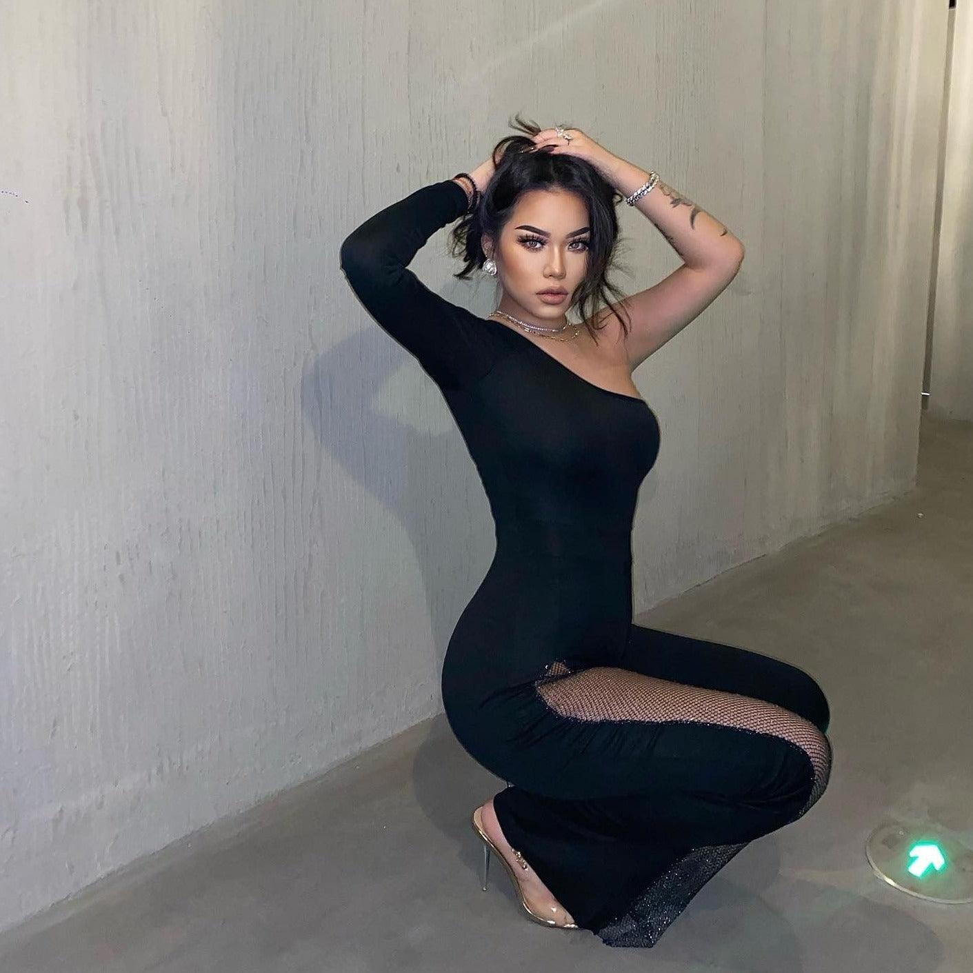 one-shoulder bodycon dress with mesh panel, evening look