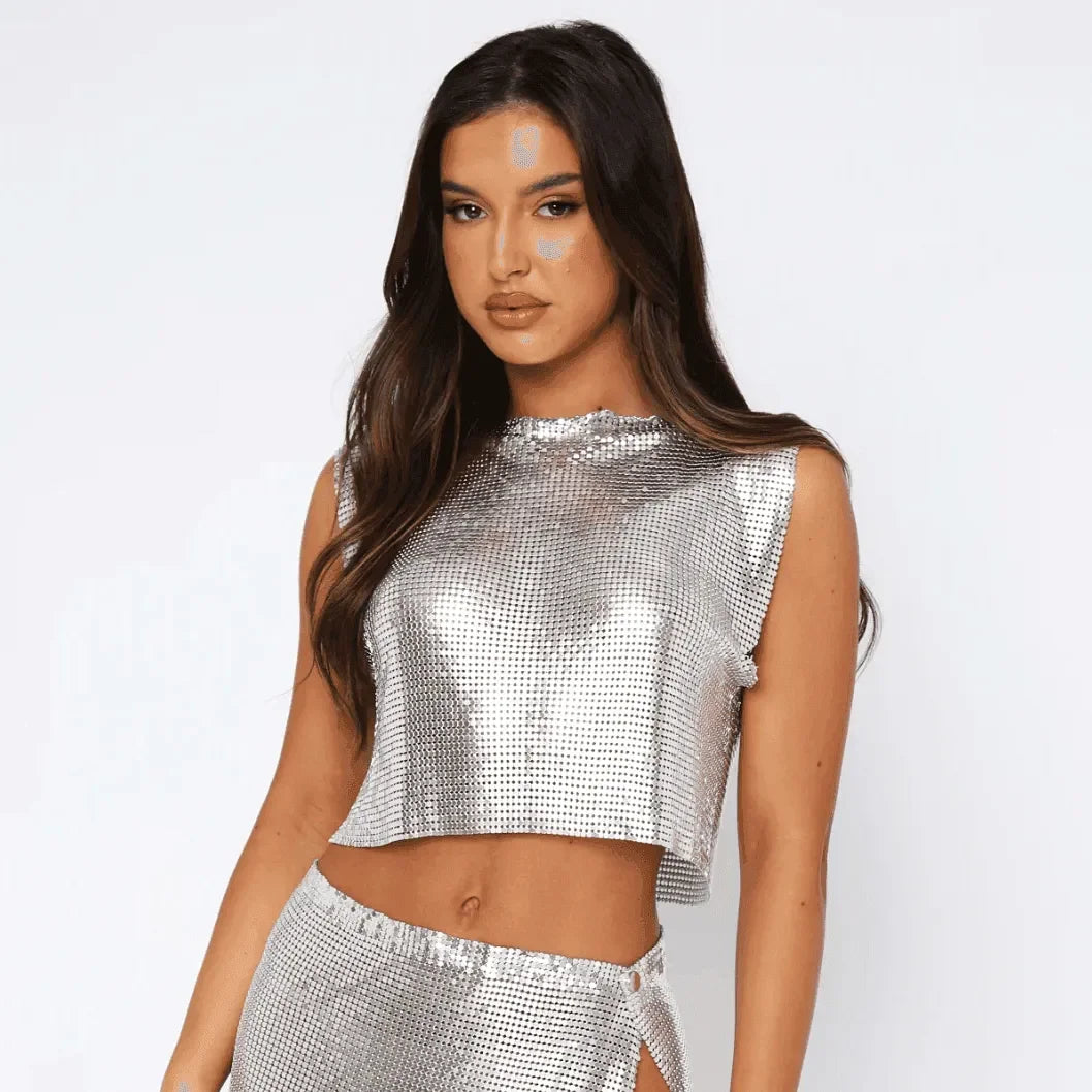metallic sleeveless crop top and skirt set, party outfit
