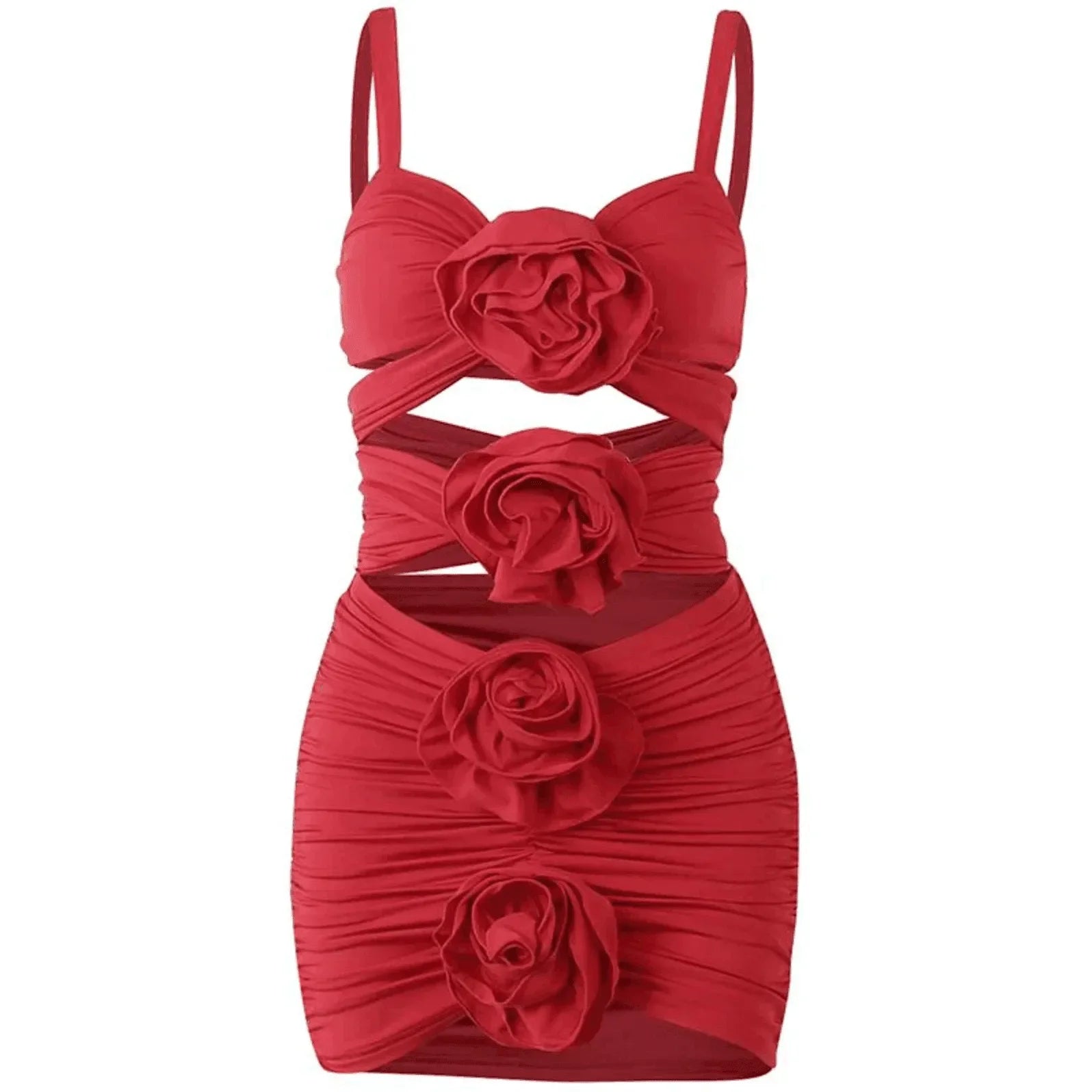 red ruched mini dress with floral cut-out design, party outfit